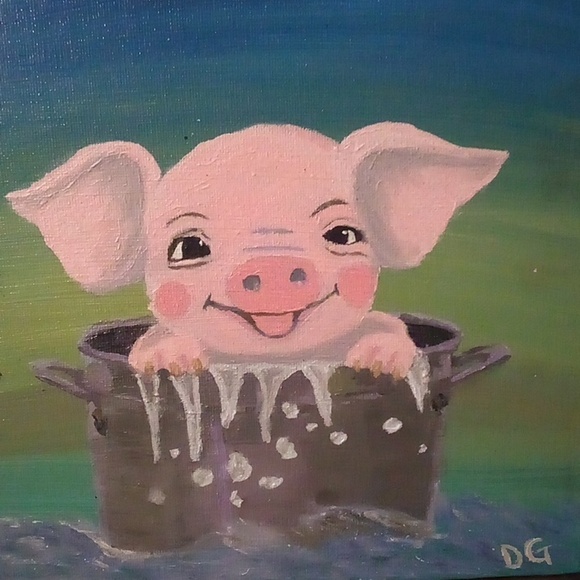 HOST PICK! Adorable Hand Painted  Piggy In A Bucket Of Water Painting 10"X10" - Picture 3 of 7